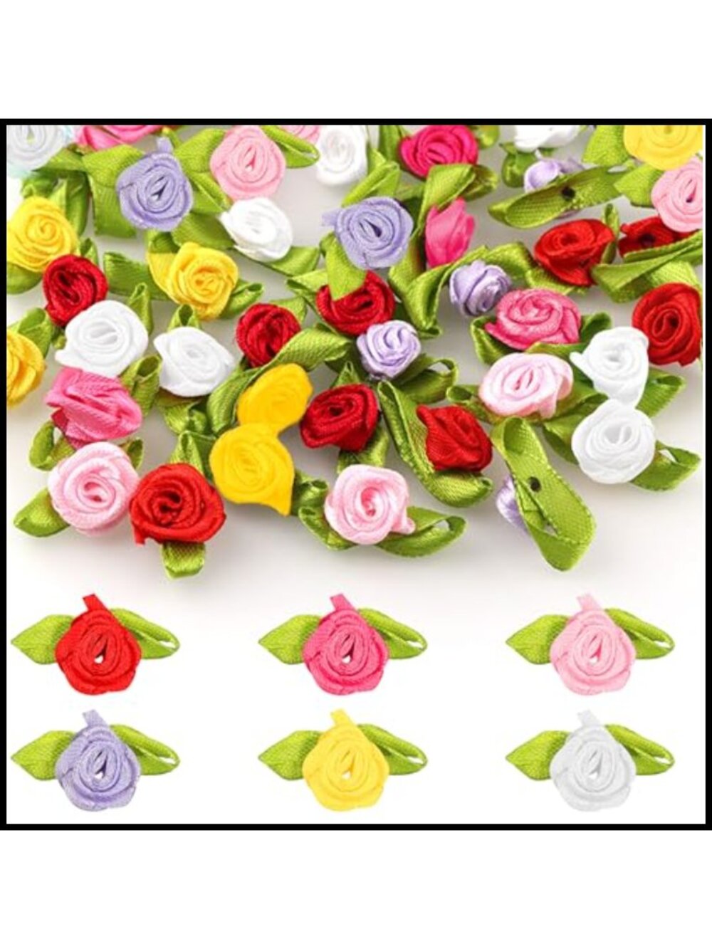300 Pcs Mini Ribbon Roses Artificial Fabric Flowers with Leaves for DIY Crafting